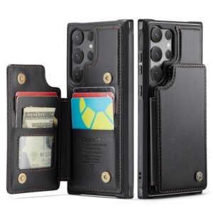 Samsung Galaxy S25 Ultra Wallet Case with RFID Blocking and 5 Credit Card Holder, Premium Durable Slim Leather Magnetic Clasp Kickstand Heavy Duty Shockproof Protective Cover.- Black