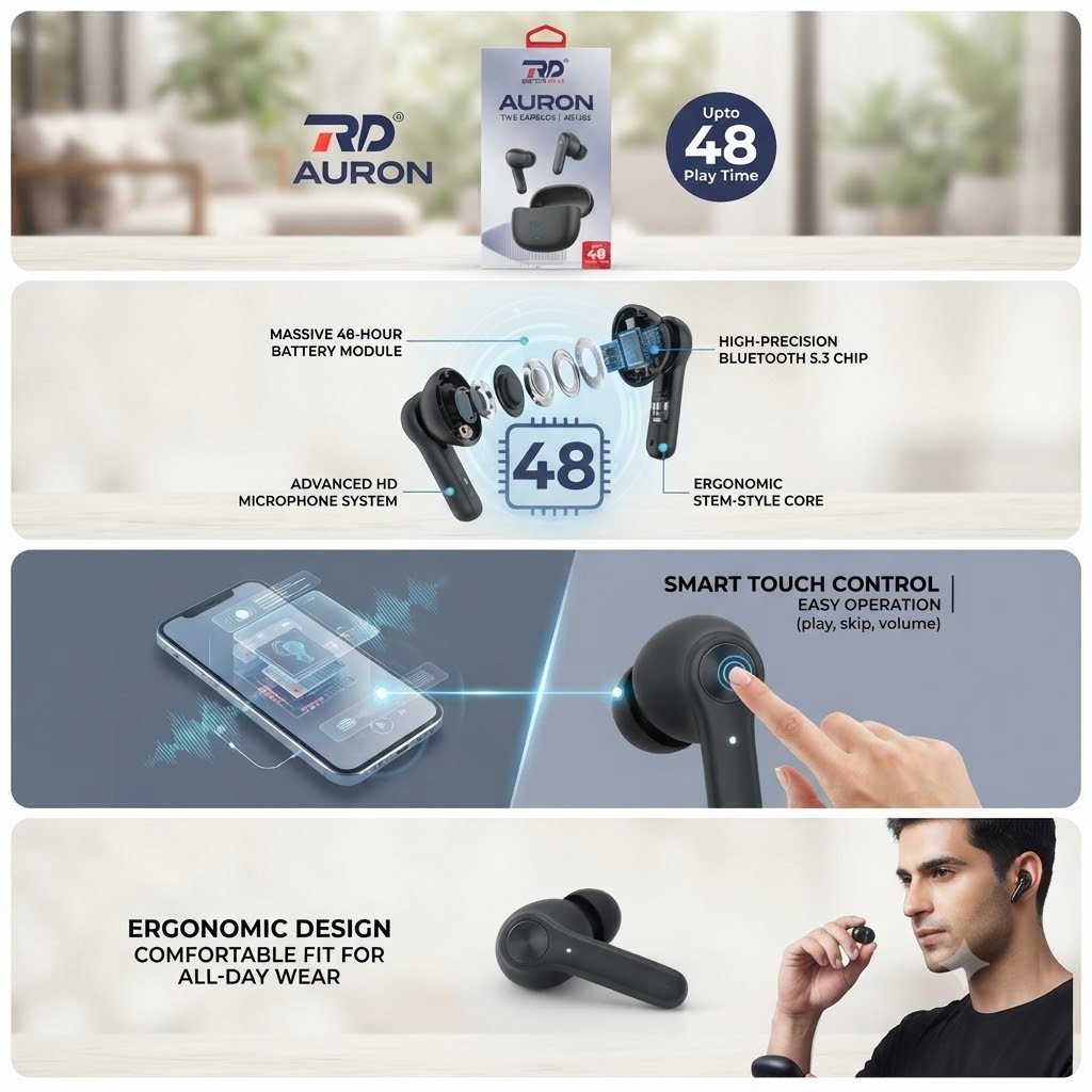 RD AURON WS-265 True Wireless Earbuds with 48 Hours Playtime Bluetooth Headset (Black, True Wireless) - Image 2