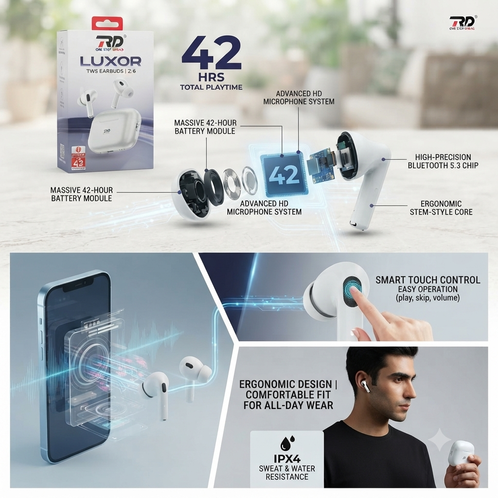 RD Z-6 Wireless Earbuds with Stereo Sound, Smart Touch Controls, Long Playtime Bluetooth Headset - Image 2