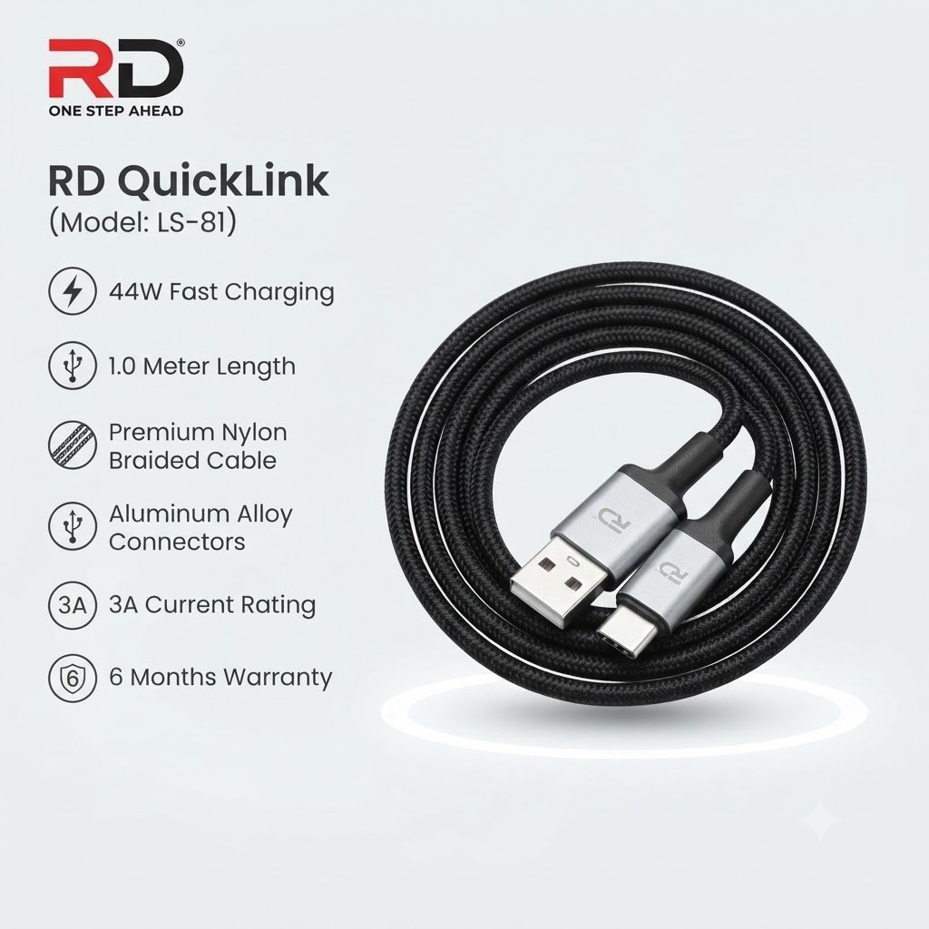 RD QuickLink USB Cable (Model LS-81), a 44W fast-charging nylon-braided cable