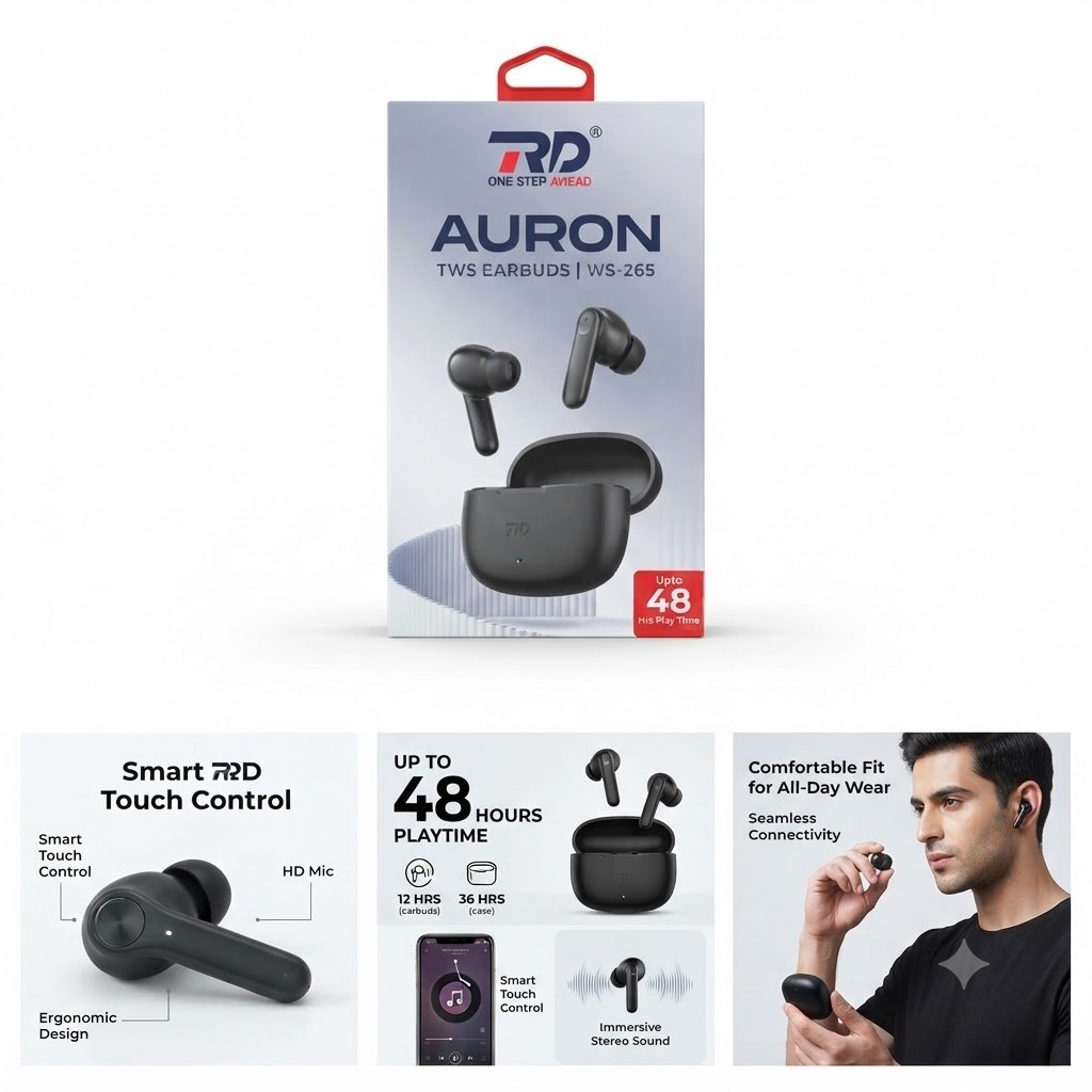 RD AURON WS-265 True Wireless Earbuds with 48 Hours Playtime Bluetooth Headset (Black, True Wireless)