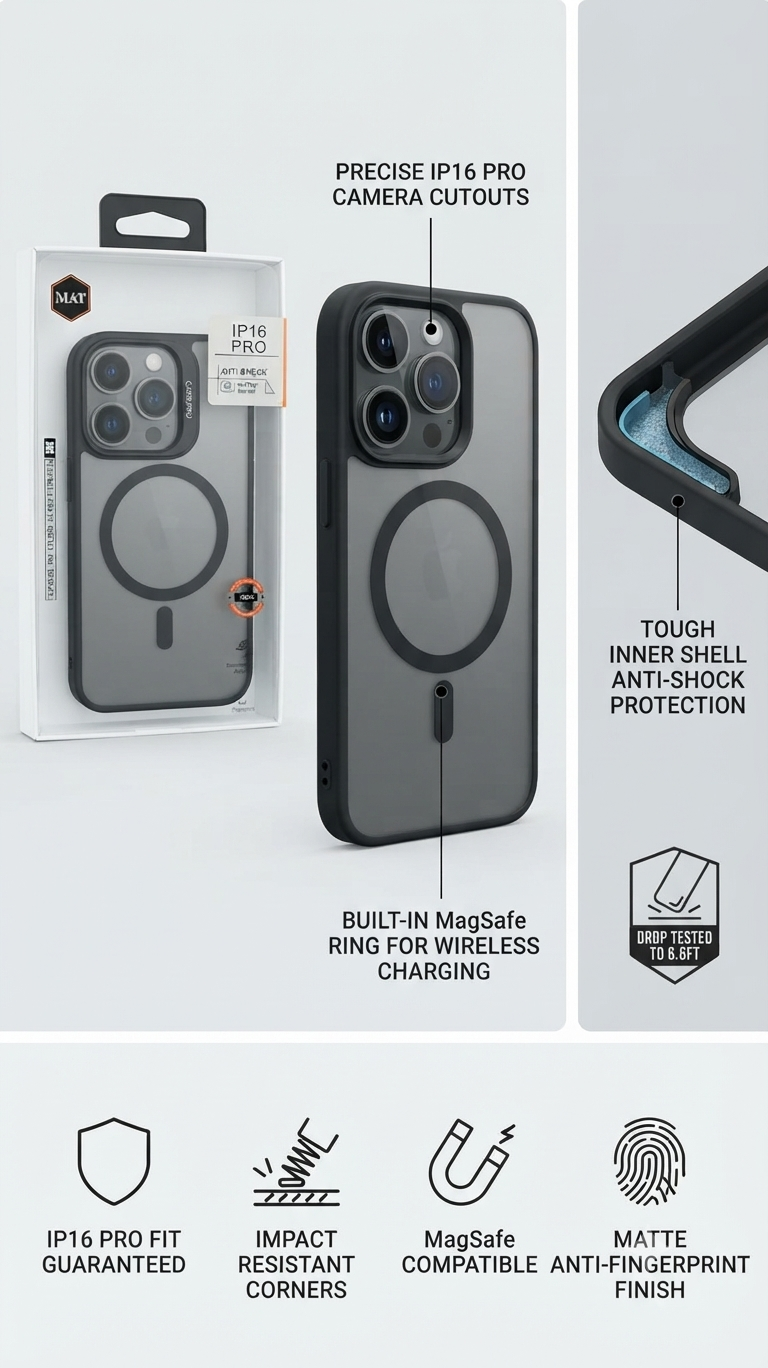 Matte black anti-shock MagSafe phone case for iPhone 16 Pro